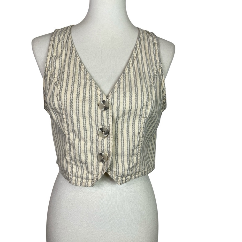 ANA A New Approach Linen Cotton Striped Button Front Vest Boho Women’s Size M - Picture 2 of 7